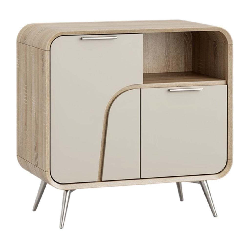Moderne houten kast met afgeronde hoeken en gekleurde deuren