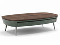 **Technische titel in het Nederlands: Moderne ovalen salontafel met houten blad en groene onderkast**