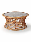 Technische titel in het Nederlands: **Ronde glazen salontafel met gevlochten rotan basis**
