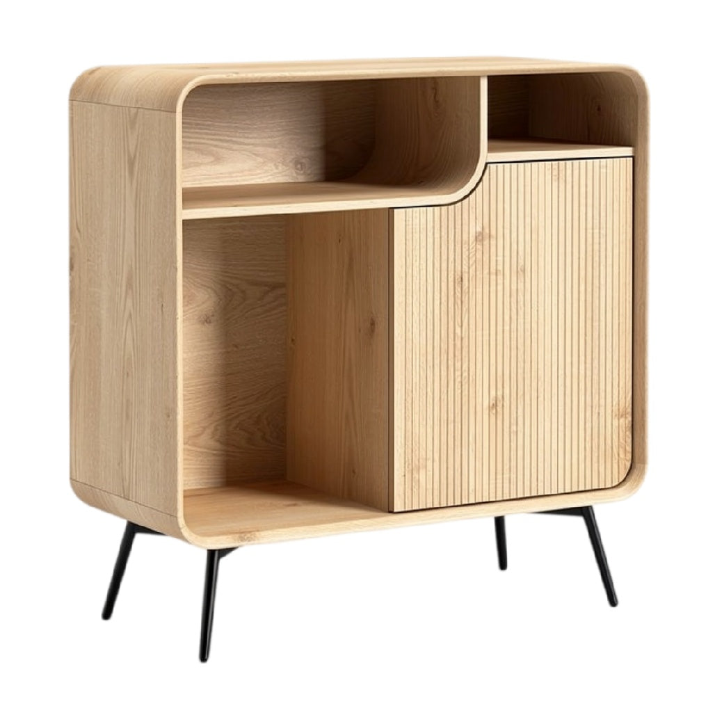Moderne houten kast met open planken en gesloten compartiment