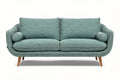 **Technische titel in het Nederlands: Moderne turquoise bank met rondlijnen en houten poten**