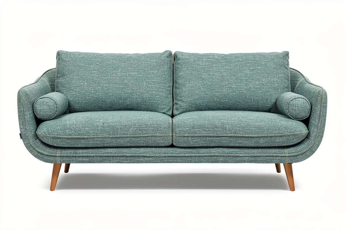 **Technische titel in het Nederlands: Moderne turquoise bank met rondlijnen en houten poten**
