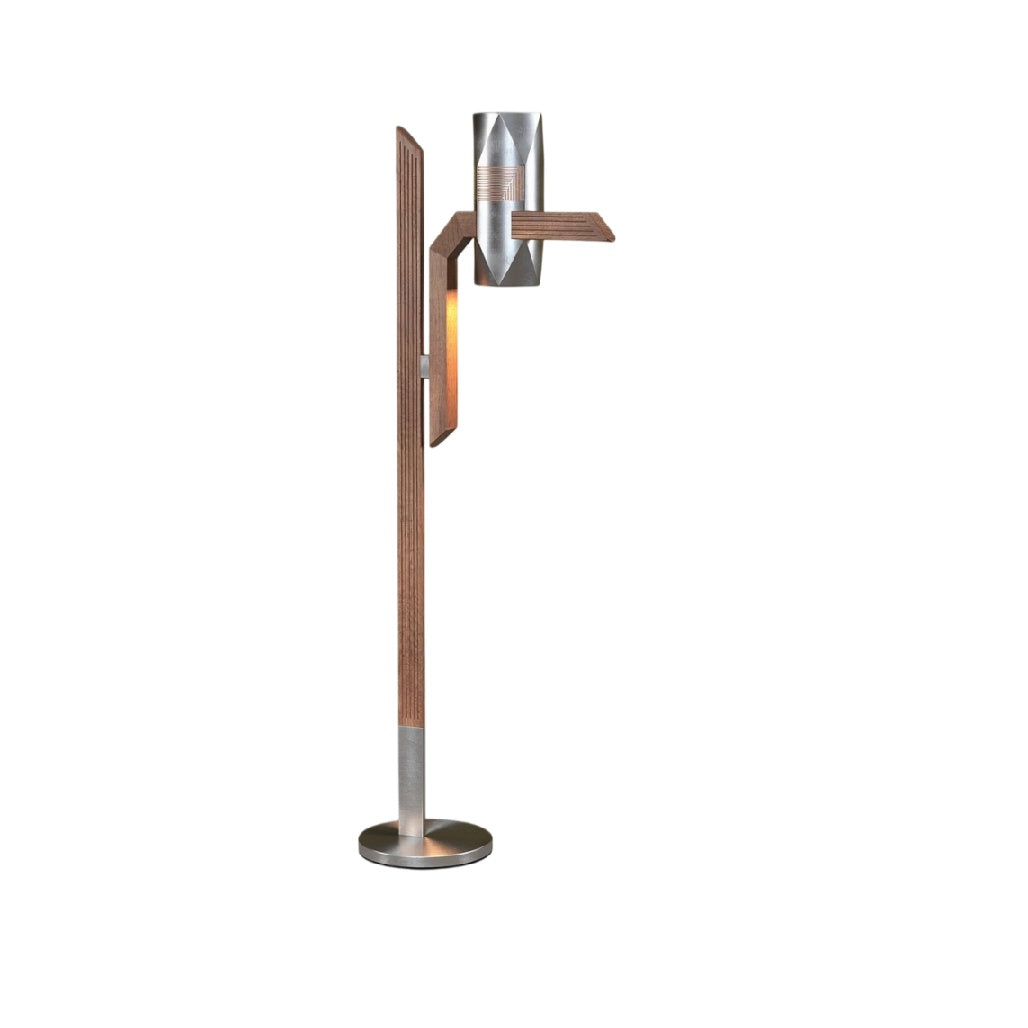 Moderne vloerlamp met houten en metalen elementen