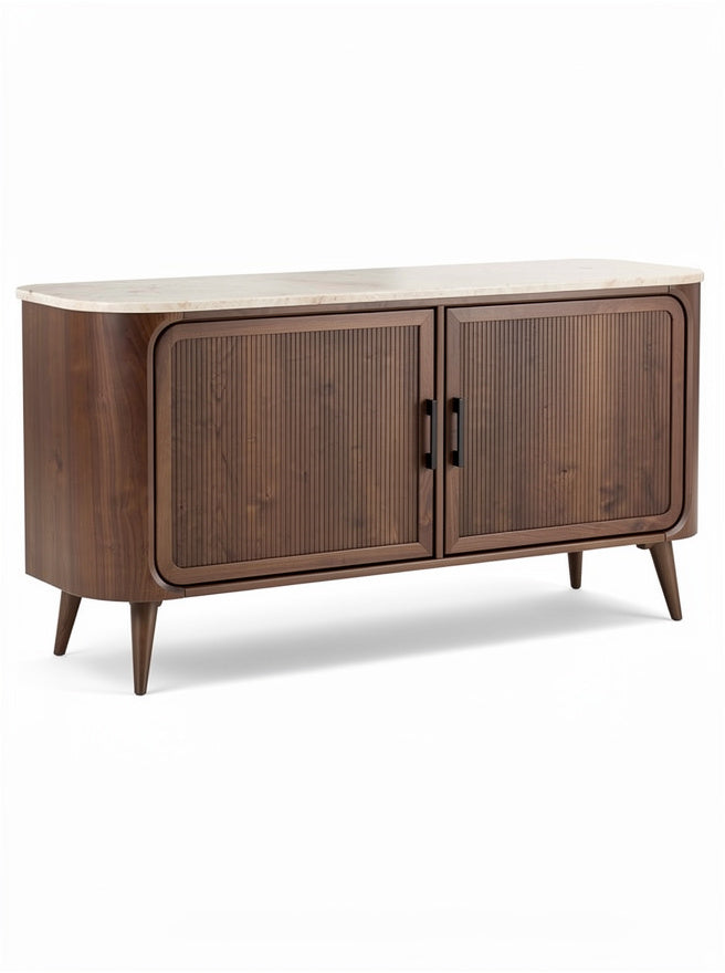 **Technische titel in het Nederlands: Moderne houten dressoir met marmeren blad**