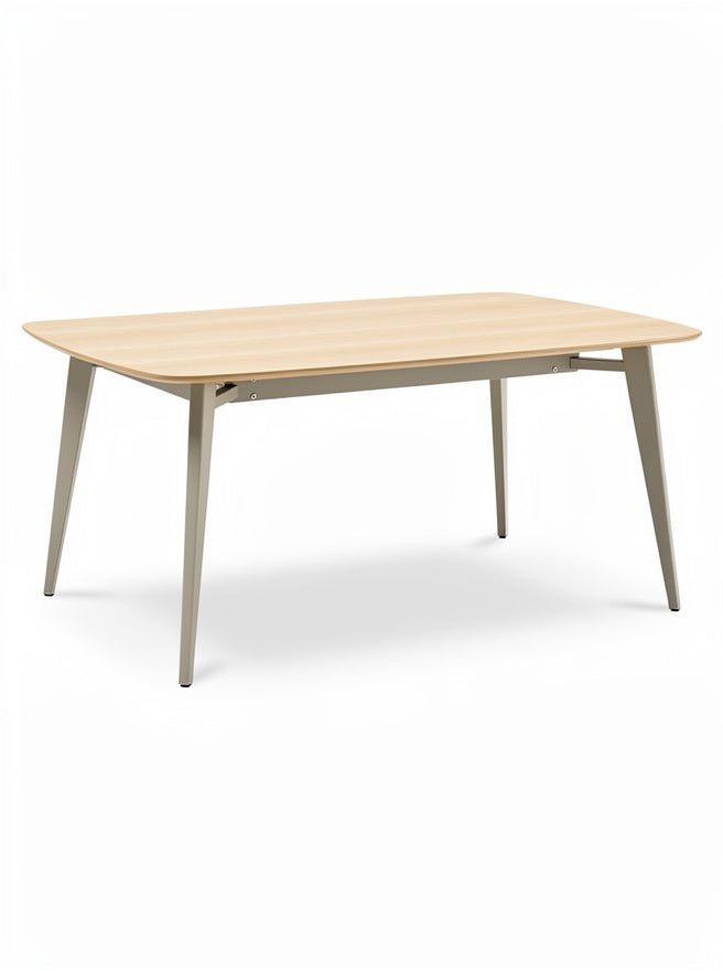 **Technische titel in het Nederlands: Modern eettafel met lichte houten bovenzijde en metalen poten**